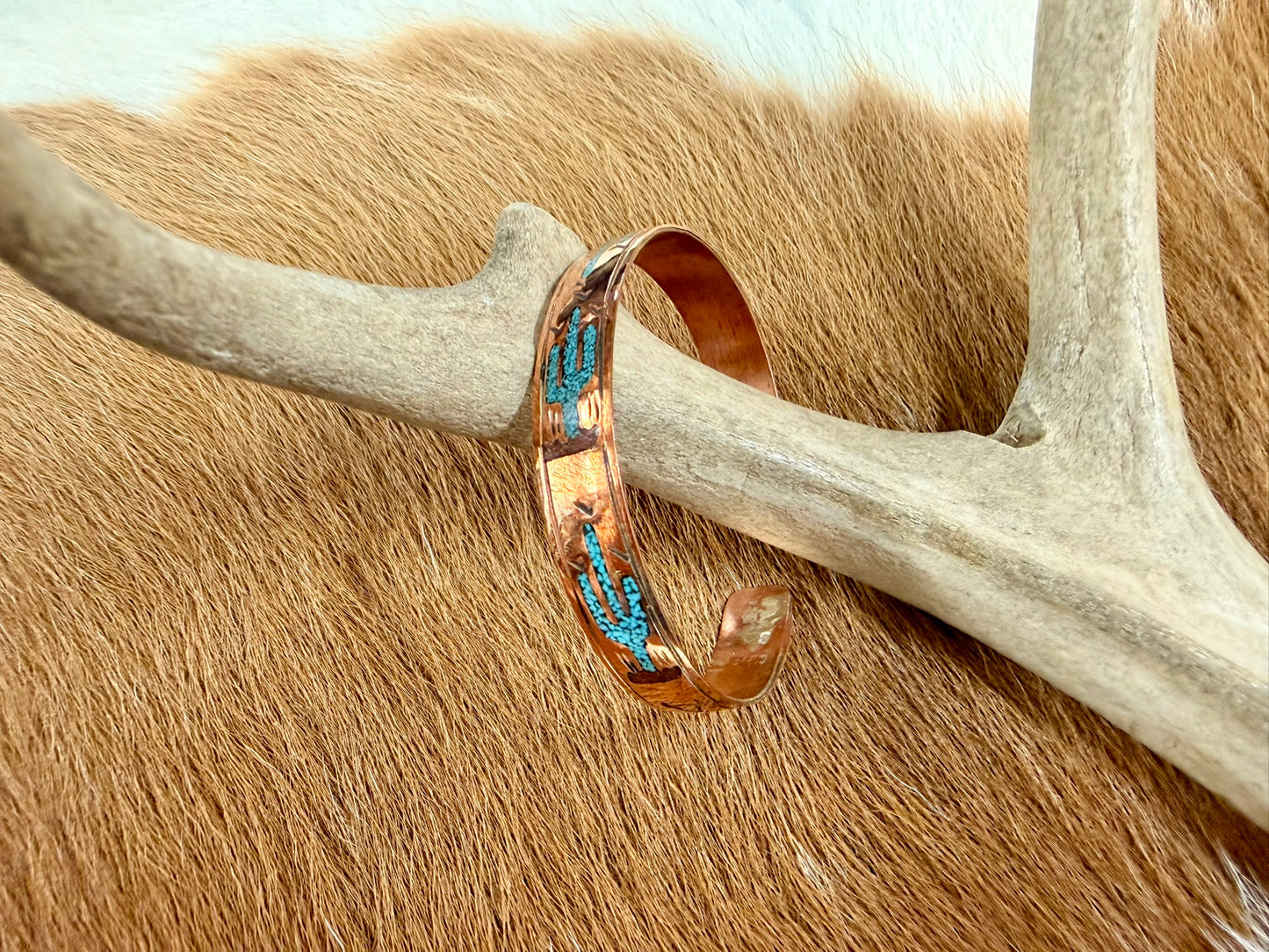 Copper Turquoise and Coral Inlay Cactus Pattern Cuff