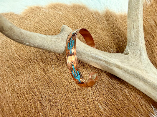 Copper Turquoise and Coral Inlay Cactus Pattern Cuff