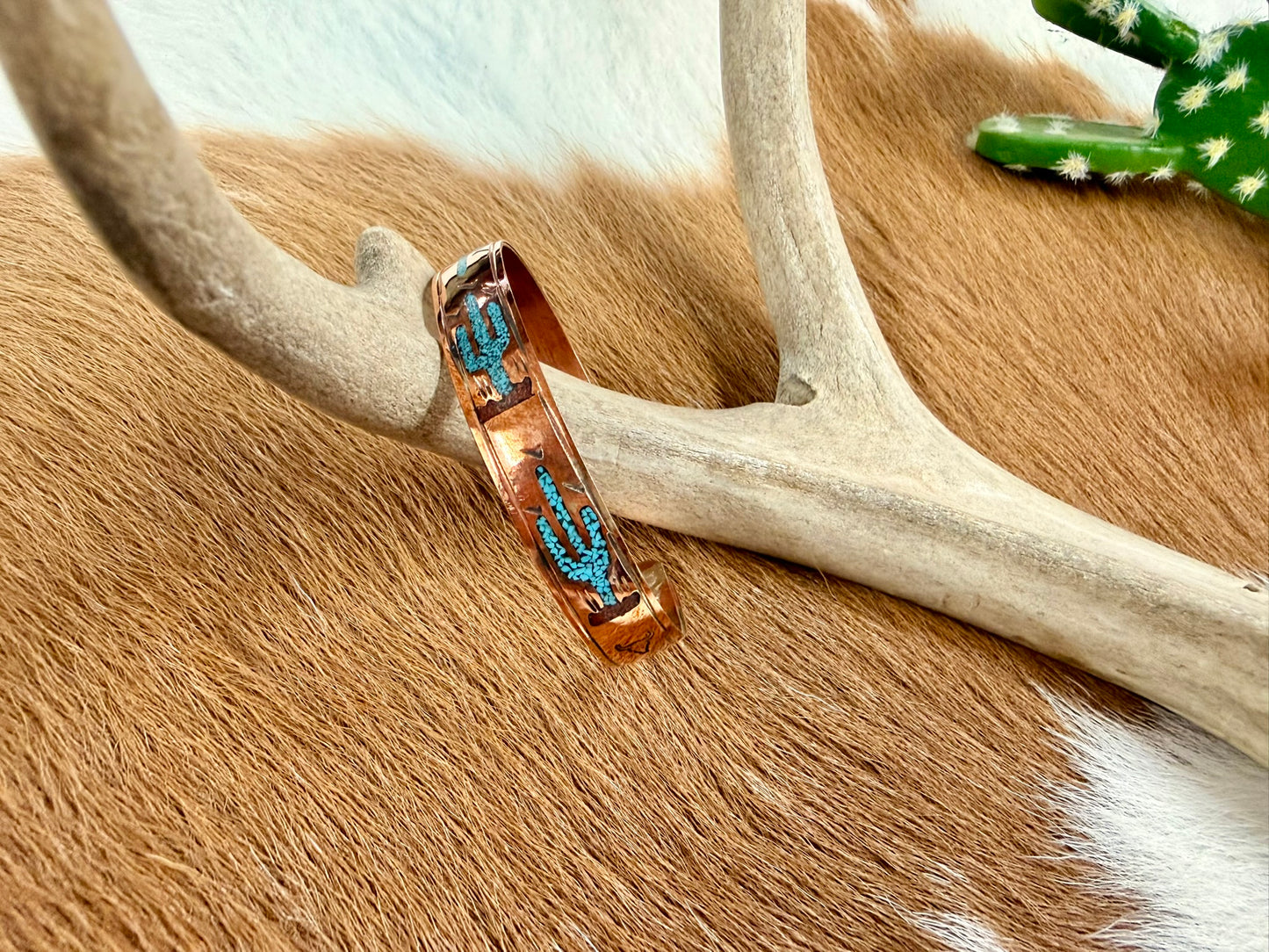 Copper Turquoise and Coral Inlay Cactus Pattern Cuff