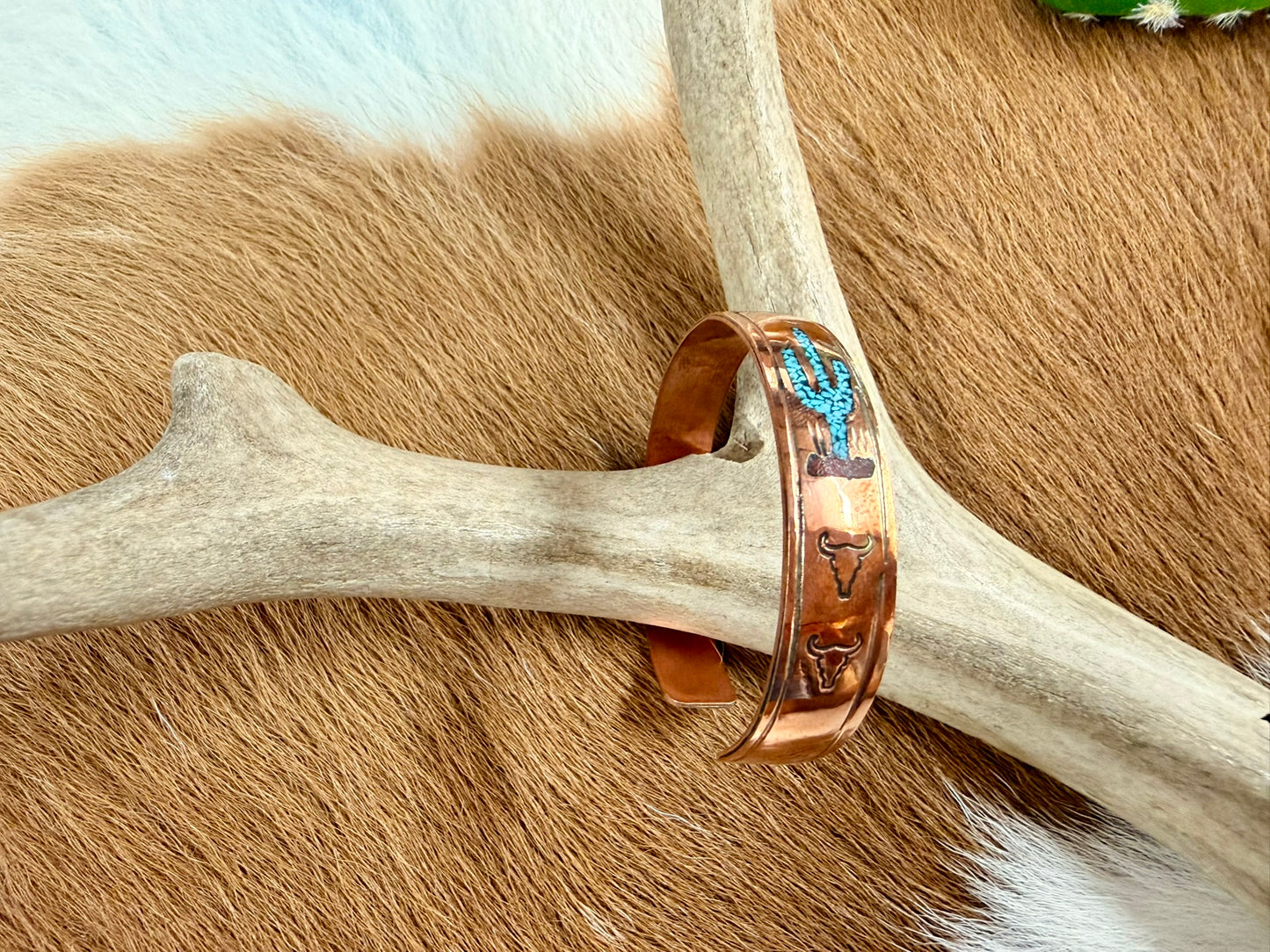 Copper Turquoise and Coral Inlay Cactus Pattern Cuff