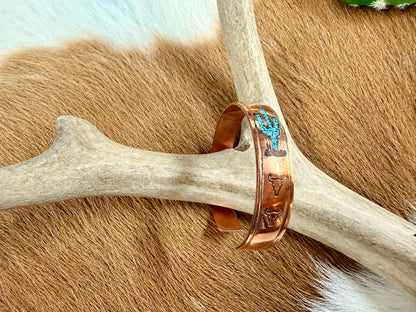 Copper Turquoise and Coral Inlay Cactus Pattern Cuff