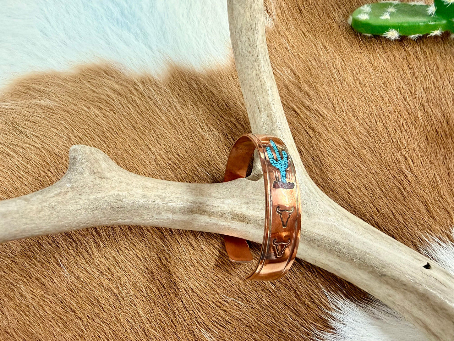 Copper Turquoise and Coral Inlay Cactus Pattern Cuff
