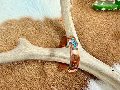 Copper Turquoise and Coral Inlay Cactus Pattern Cuff