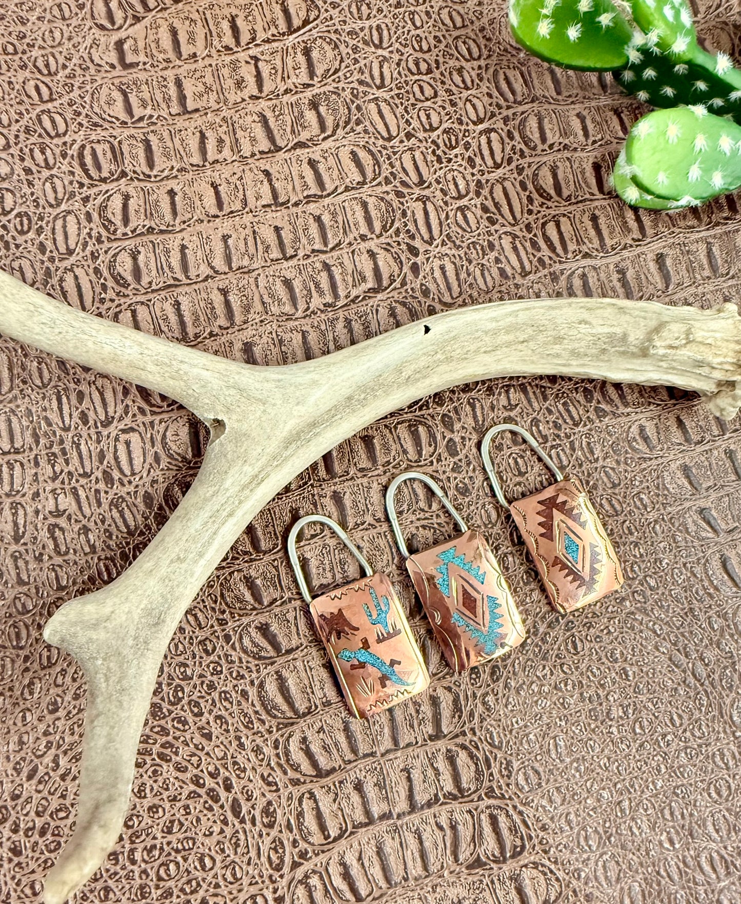 Copper Turquoise Coral Inlay Keychains