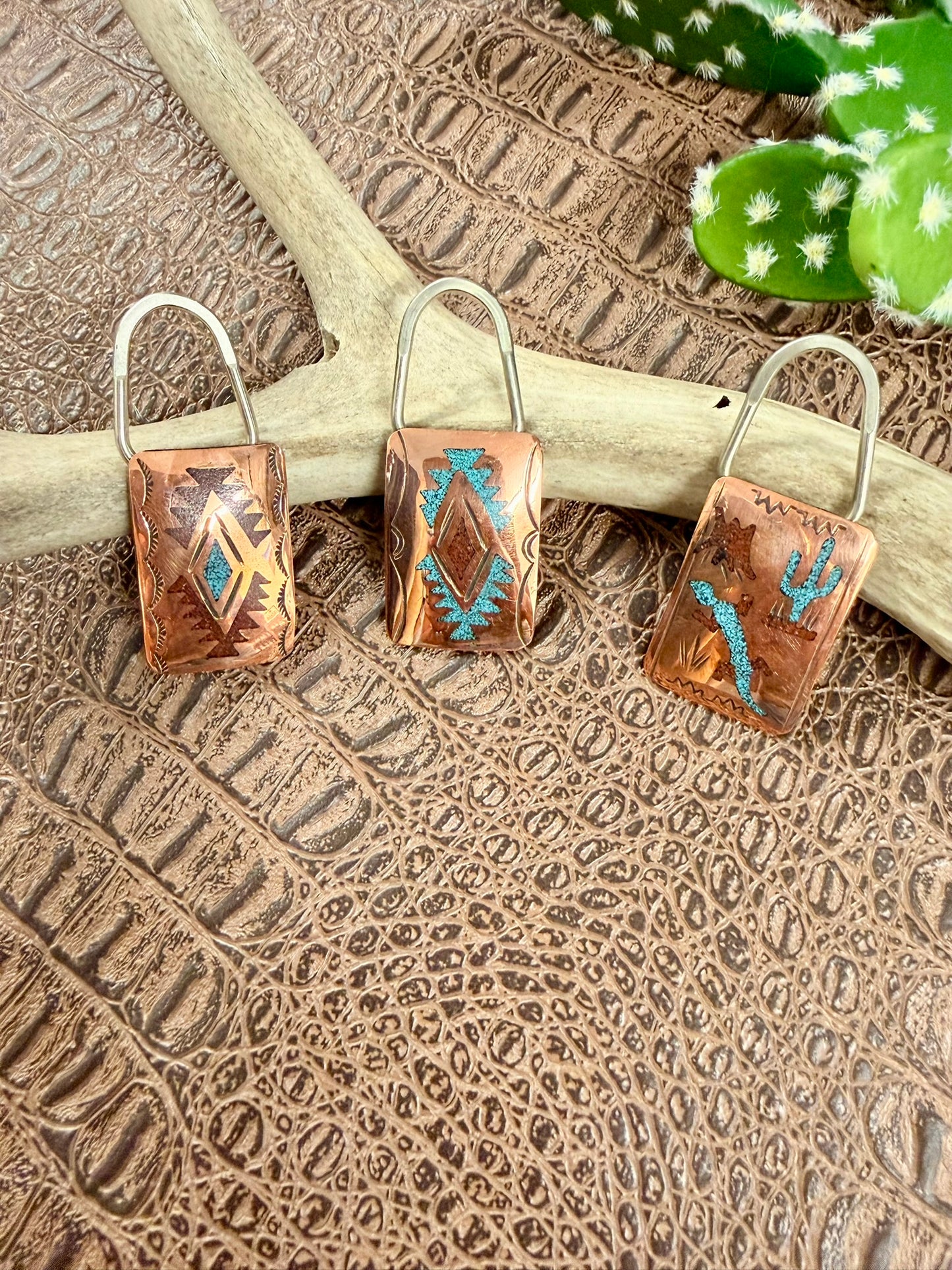 Copper Turquoise Coral Inlay Keychains