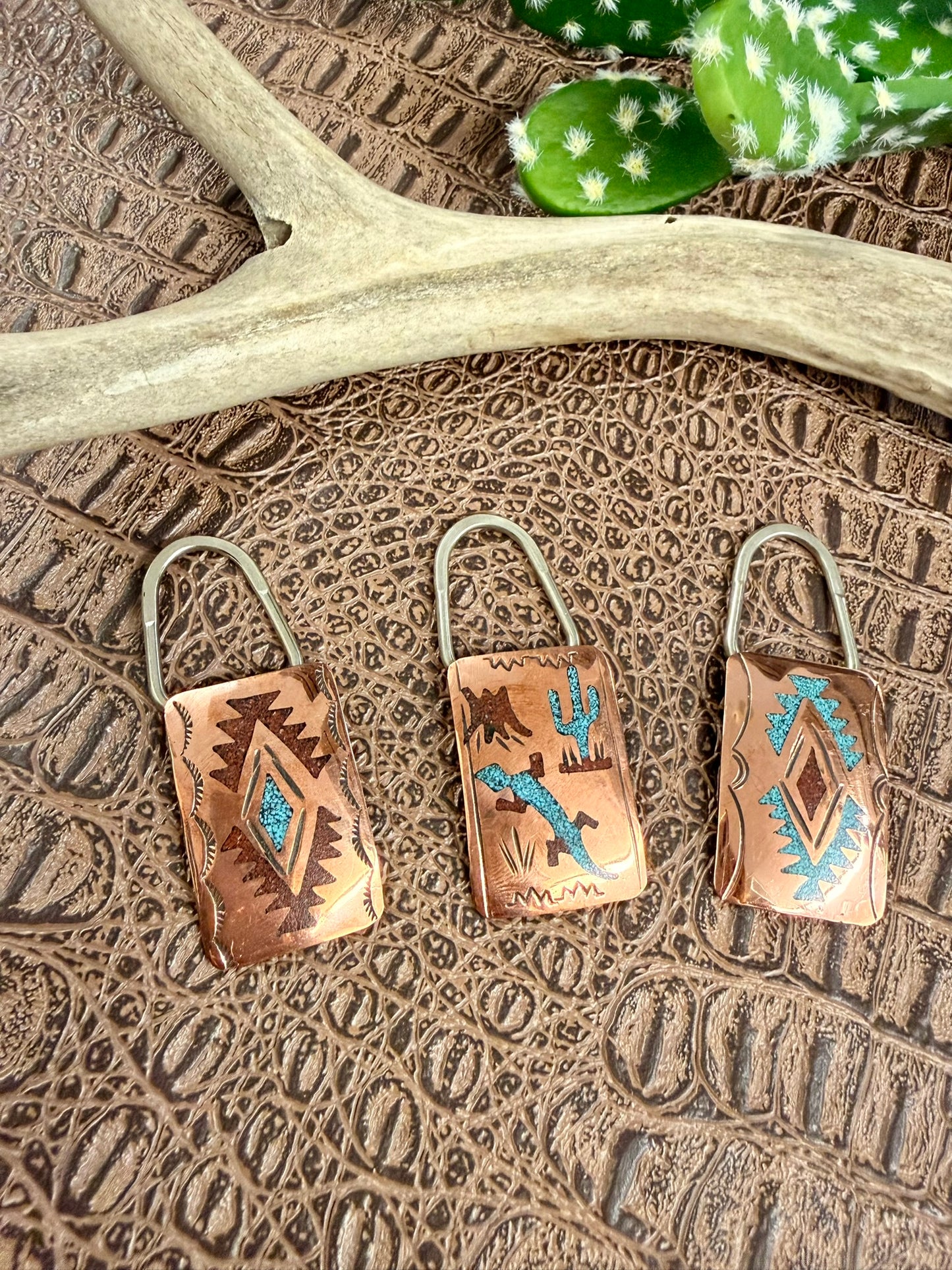 Copper Turquoise Coral Inlay Keychains