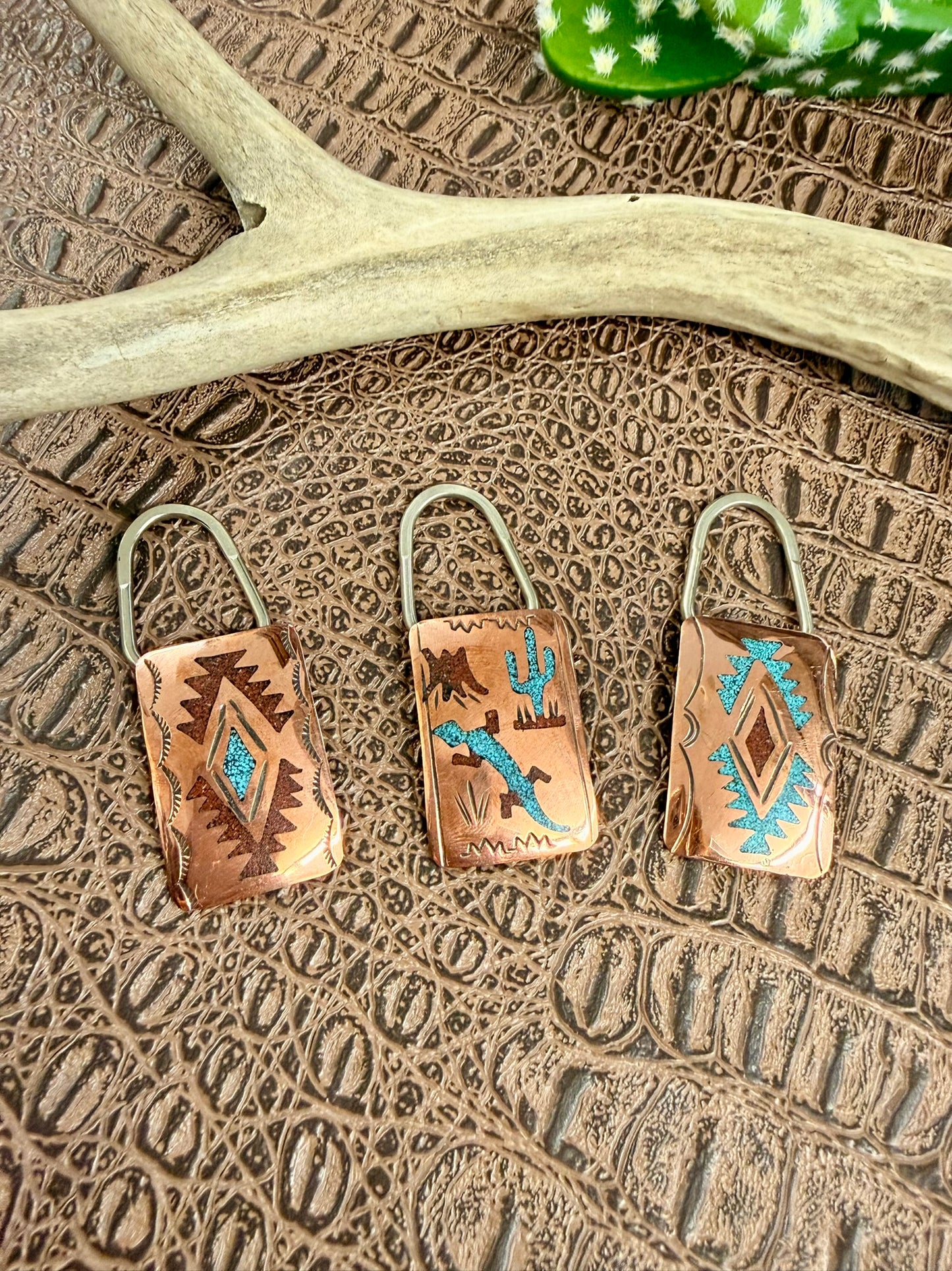 Copper Turquoise Coral Inlay Keychains