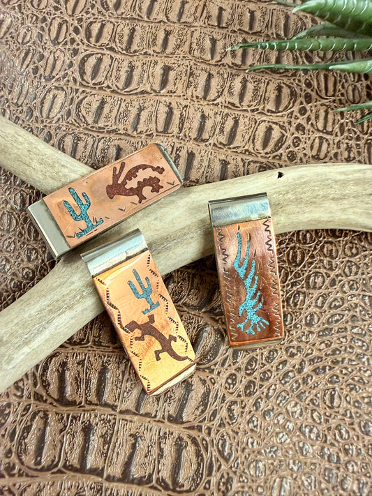 Copper Turquoise Coral Inlay Money Clips