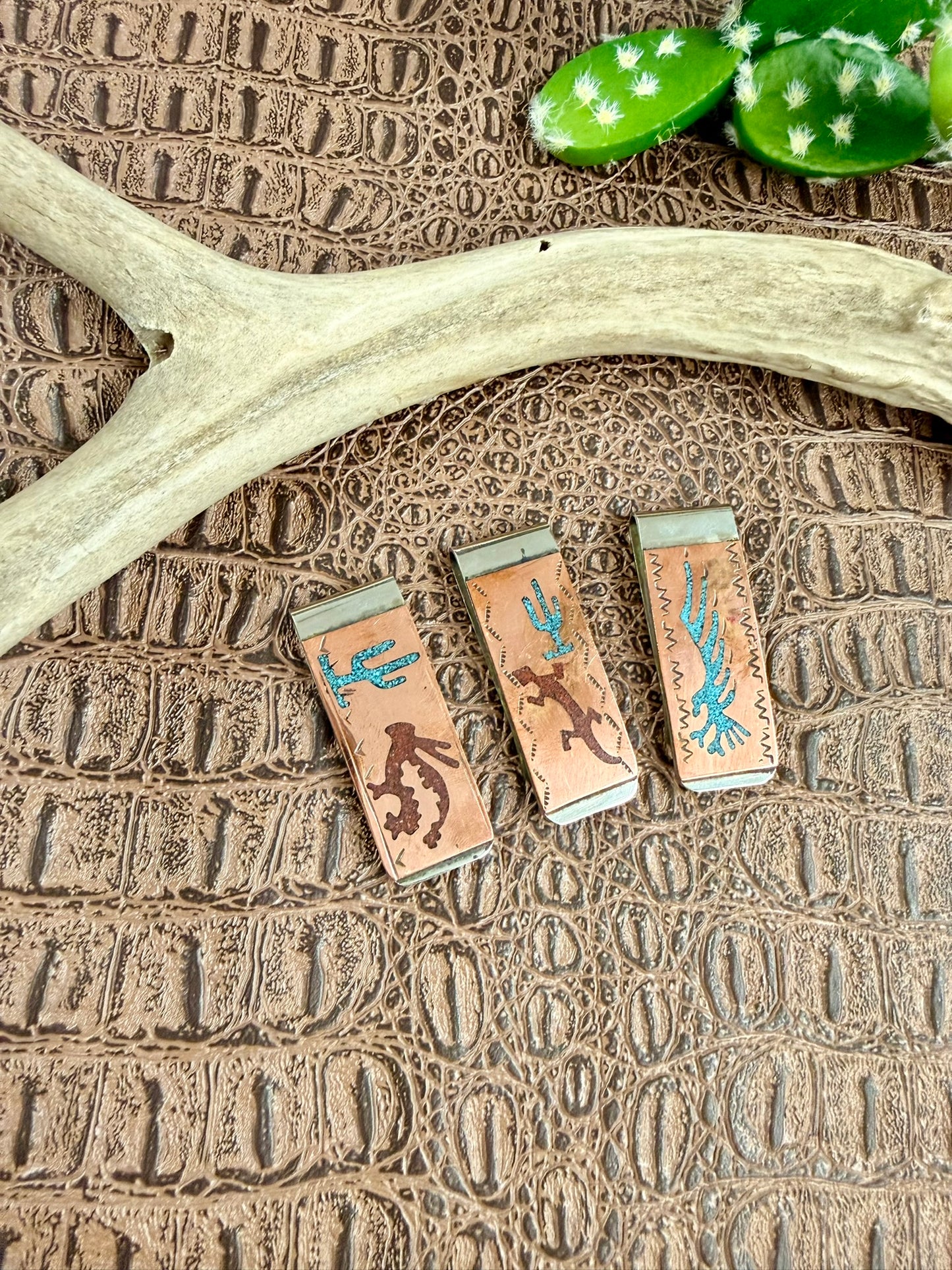Copper Turquoise Coral Inlay Money Clips