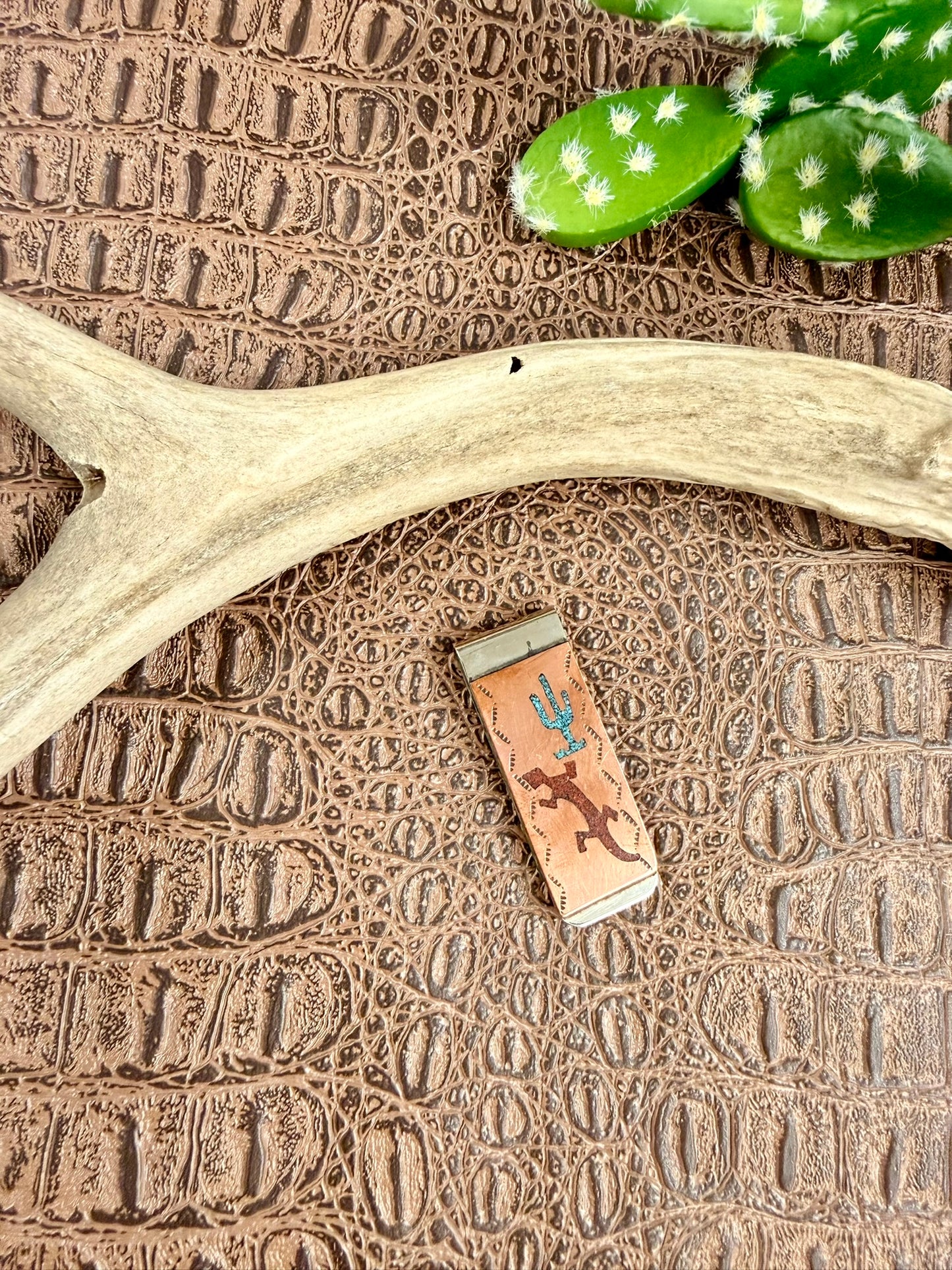 Copper Turquoise Coral Inlay Money Clips