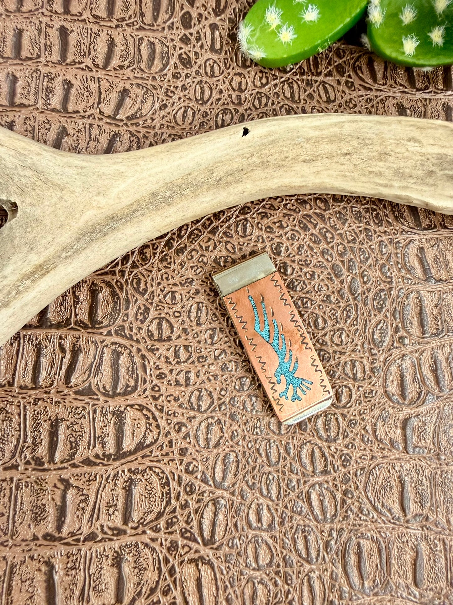 Copper Turquoise Coral Inlay Money Clips