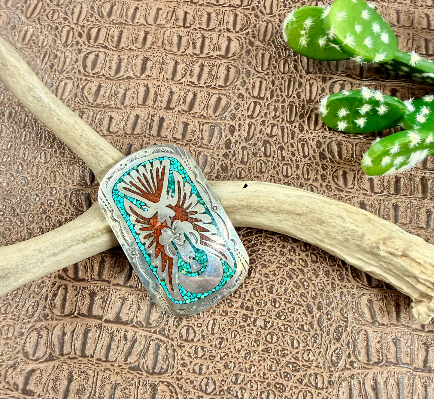 Peyote Bird Inlay Coral and Turquoise Buckle