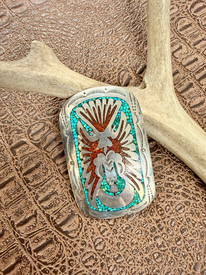 Peyote Bird Inlay Coral and Turquoise Buckle