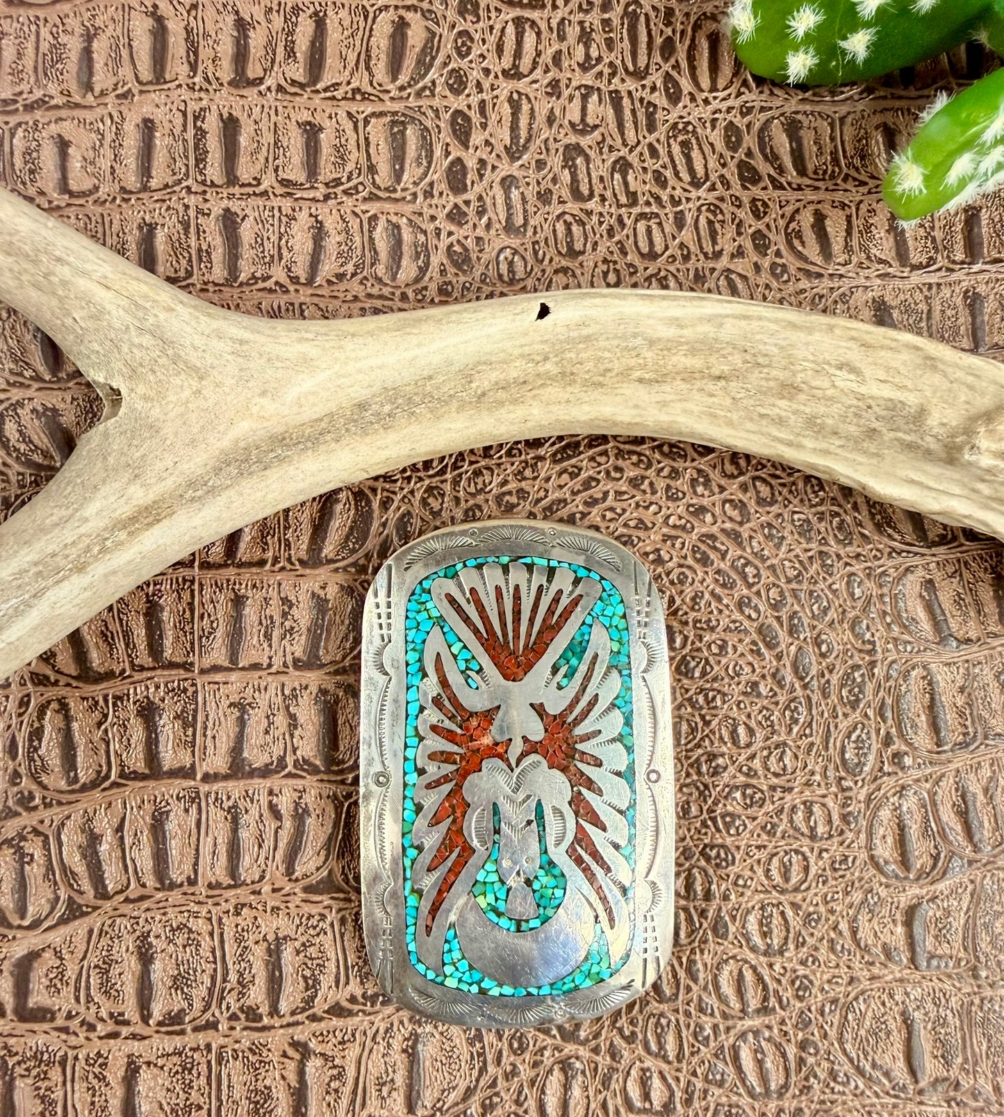 Peyote Bird Inlay Coral and Turquoise Buckle