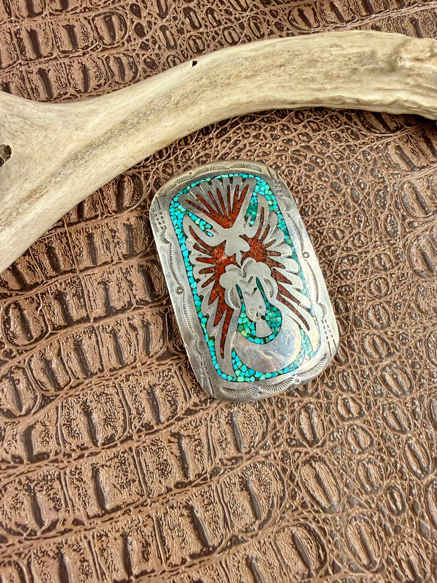 Peyote Bird Inlay Coral and Turquoise Buckle