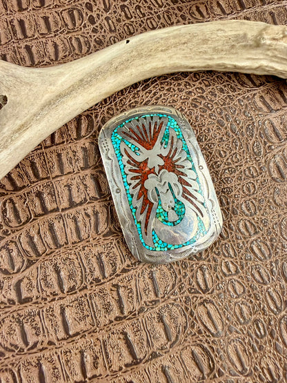 Peyote Bird Inlay Coral and Turquoise Buckle