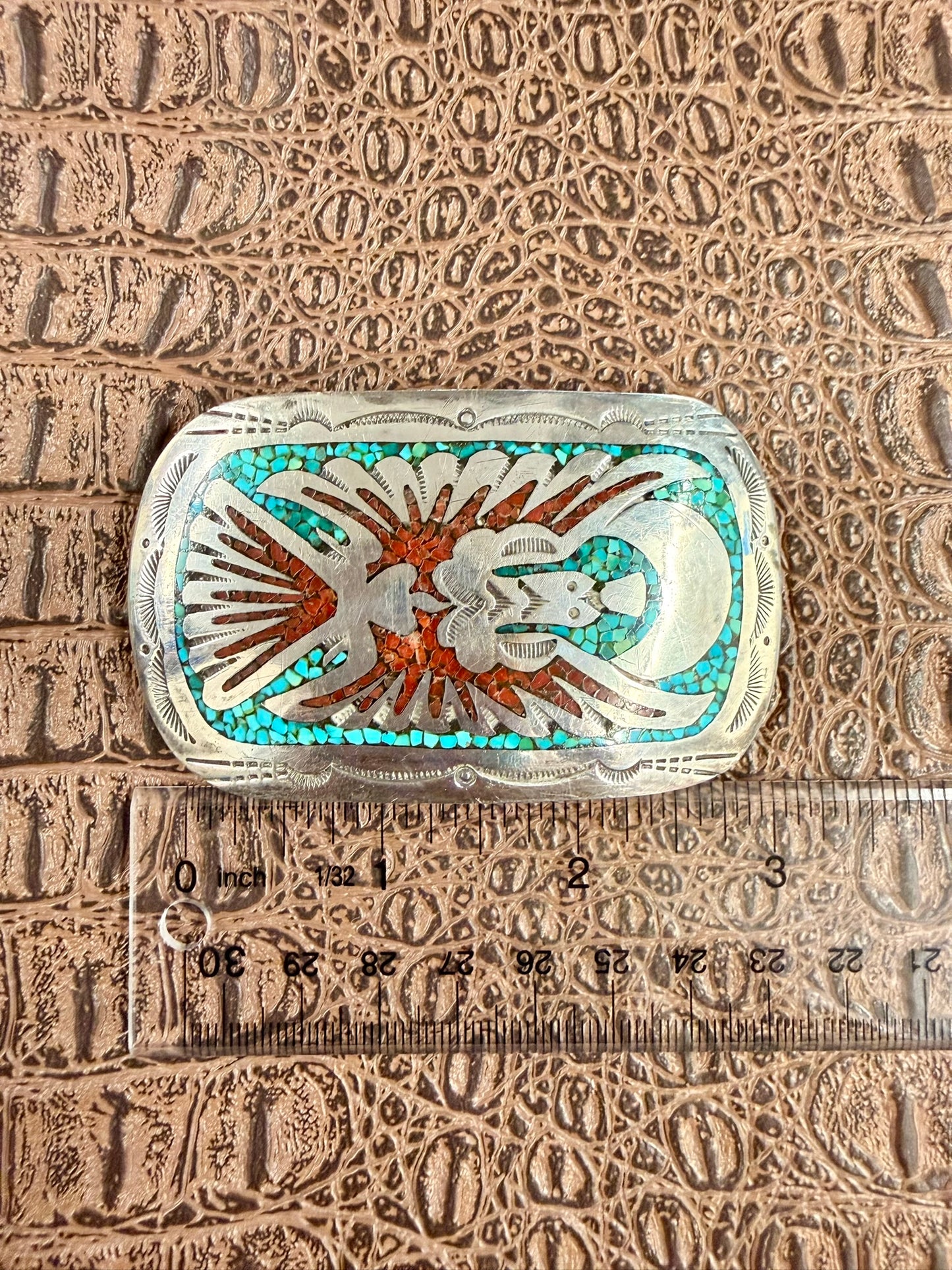 Peyote Bird Inlay Coral and Turquoise Buckle