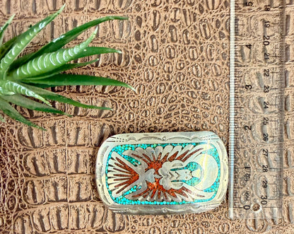 Peyote Bird Inlay Coral and Turquoise Buckle