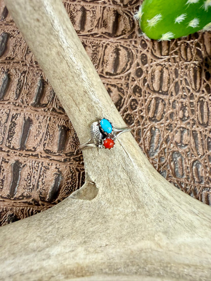 Coral and Turquoise Feather Ring Size 7.25
