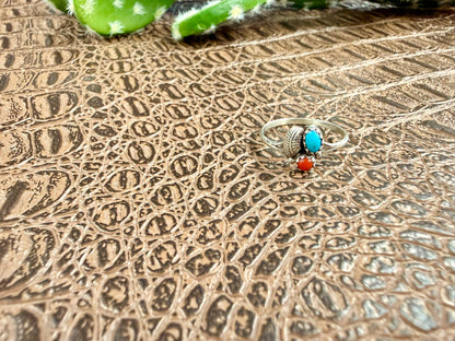 Coral and Turquoise Feather Ring Size 7.25