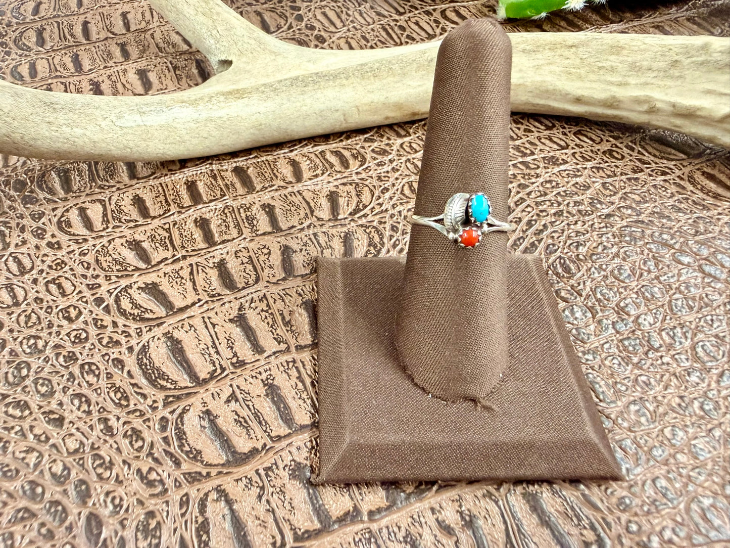 Coral and Turquoise Feather Ring Size 7.25