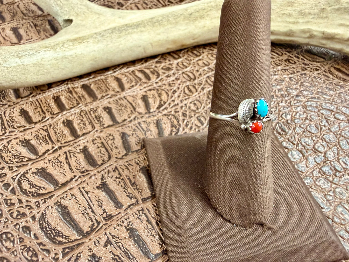 Coral and Turquoise Feather Ring Size 7.25