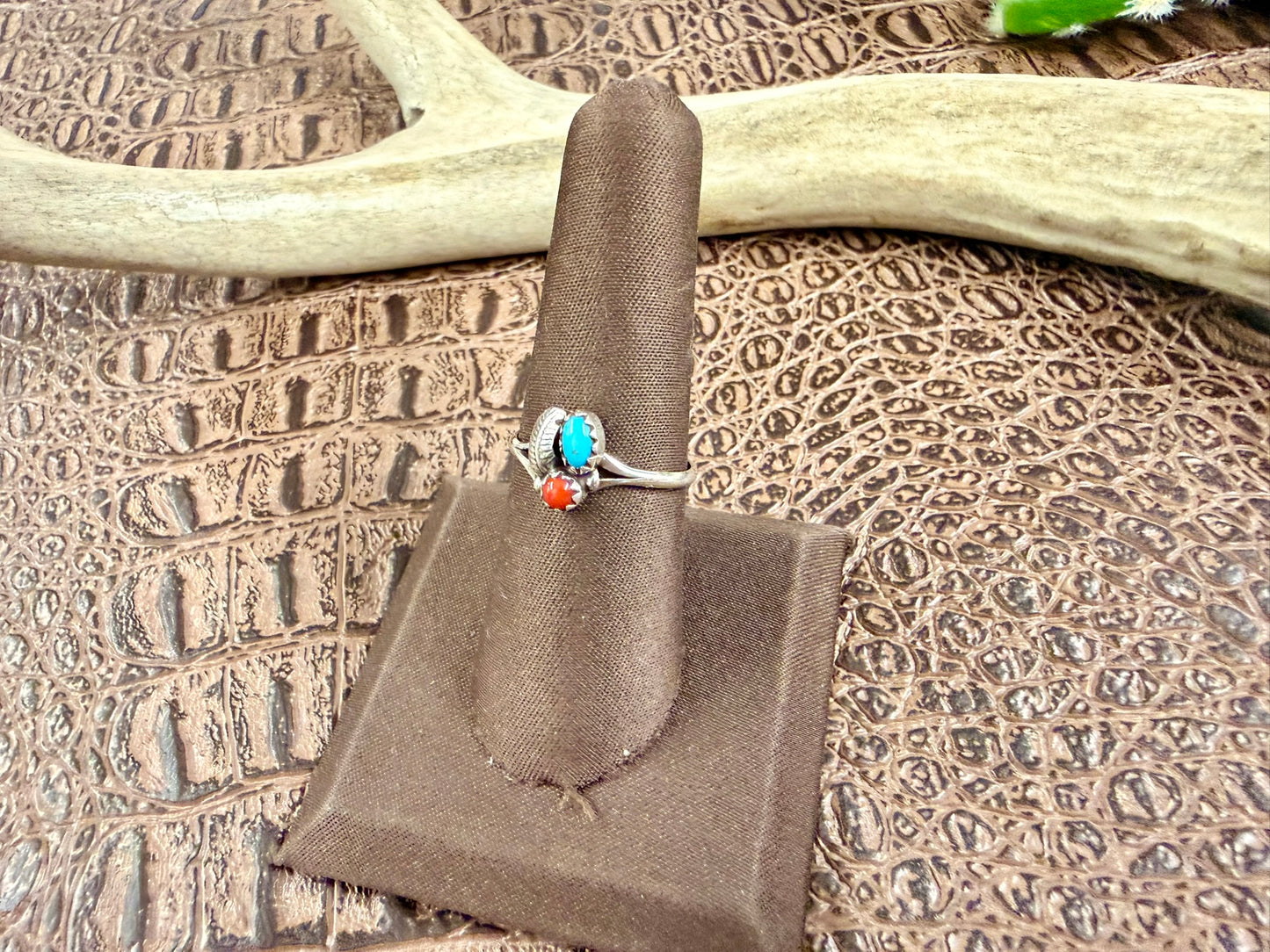 Coral and Turquoise Feather Ring Size 7.25