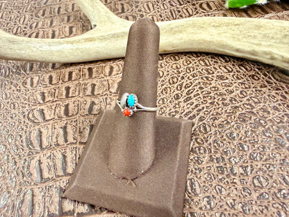 Coral and Turquoise Feather Ring Size 7.25