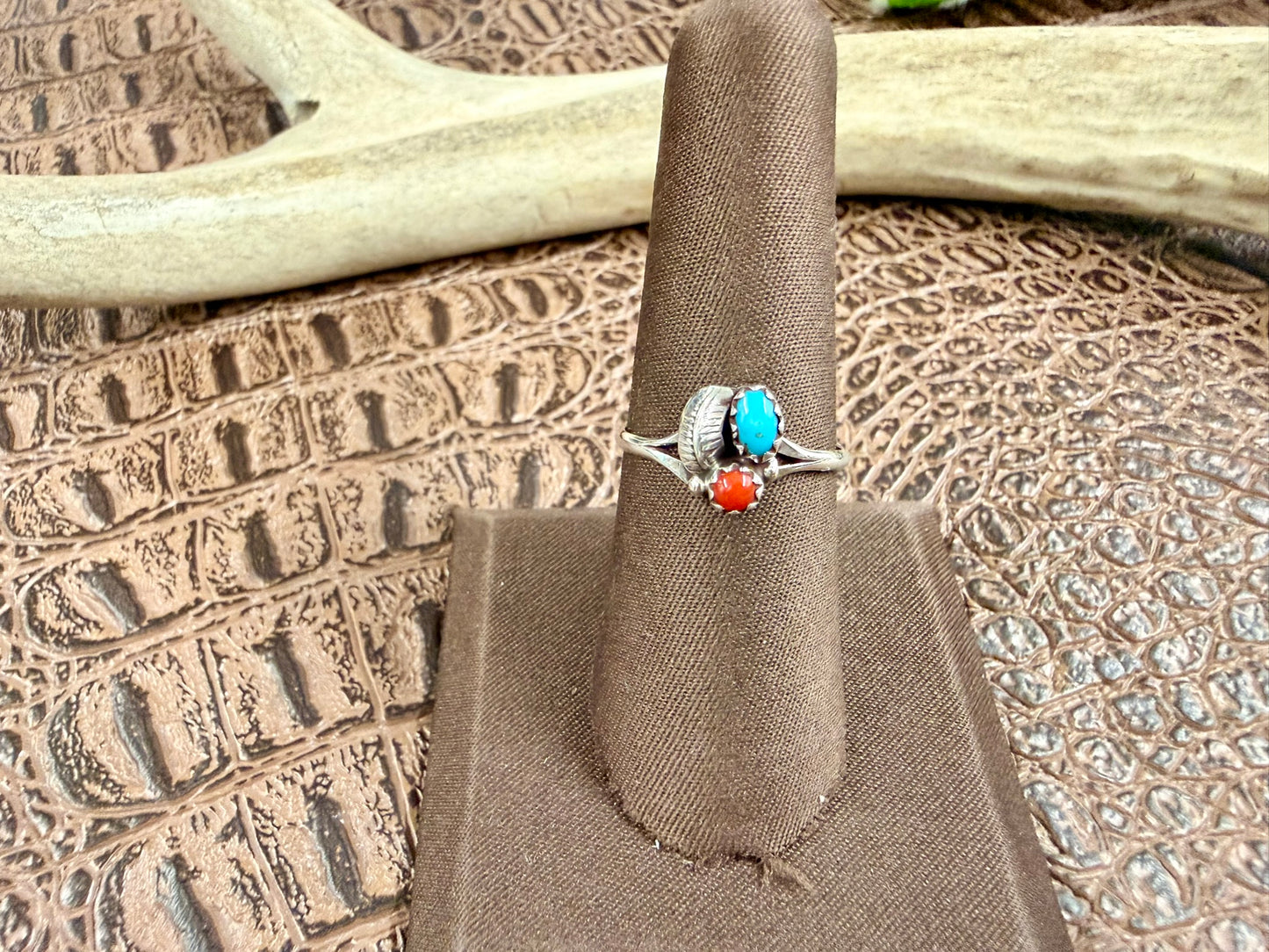 Coral and Turquoise Feather Ring Size 7.25