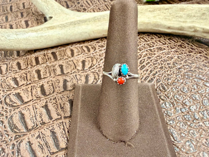 Coral and Turquoise Feather Ring Size 7.25