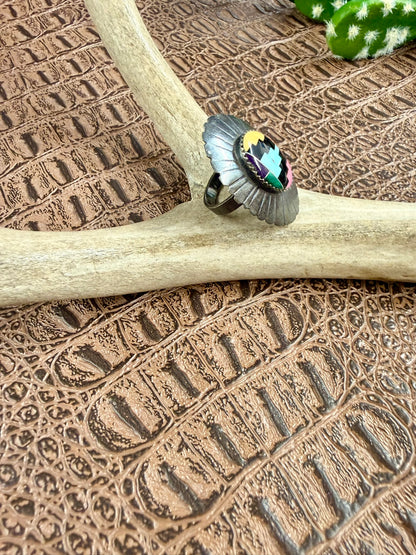 Mosaic Inlay Oval Concho Ring Size 7
