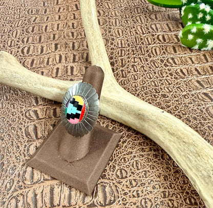 Mosaic Inlay Oval Concho Ring Size 7