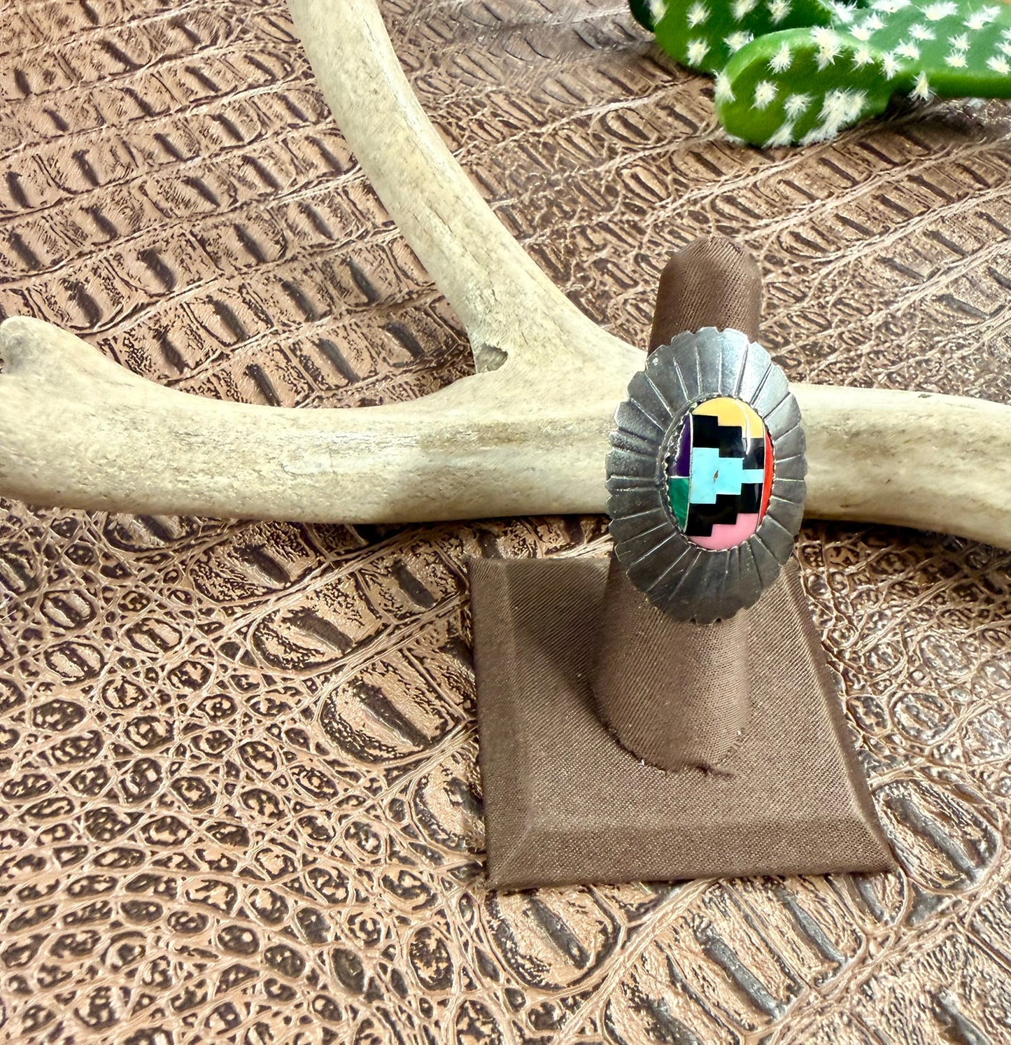Mosaic Inlay Oval Concho Ring Size 7