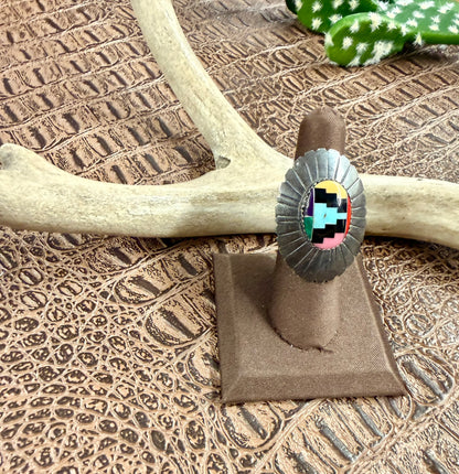 Mosaic Inlay Oval Concho Ring Size 7