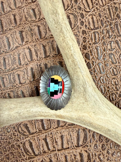 Mosaic Inlay Oval Concho Ring Size 7