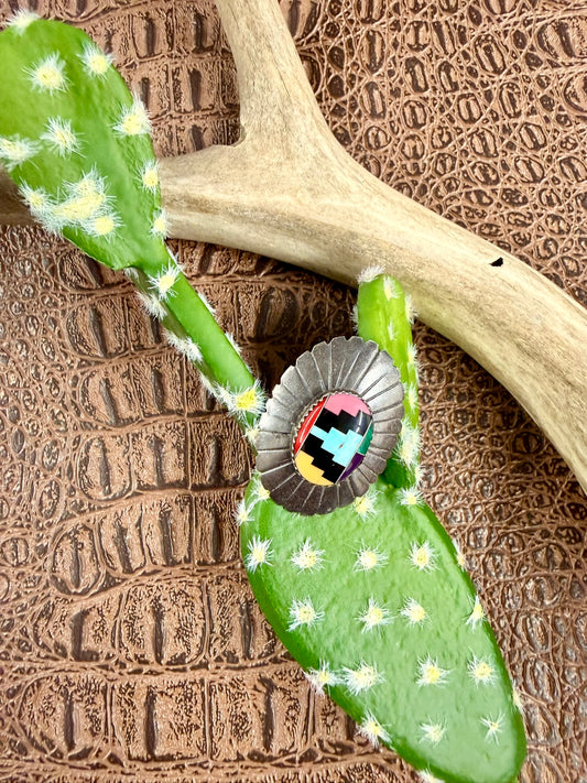 Mosaic Inlay Oval Concho Ring Size 7
