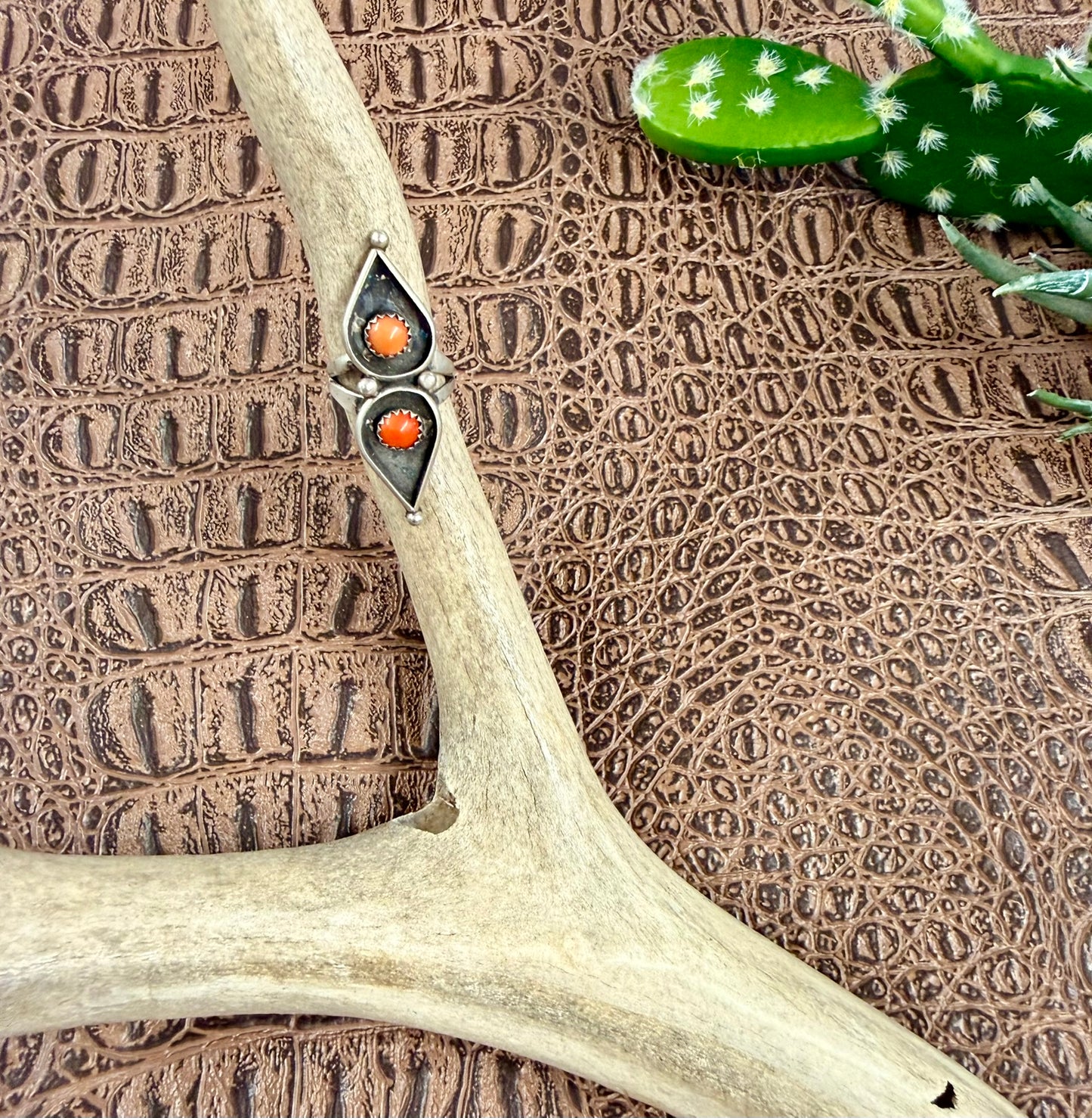Zuni Coral Two Teardrop Ring Size 4.50