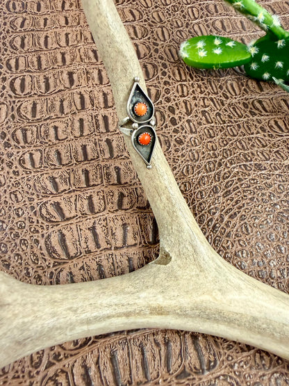 Zuni Coral Two Teardrop Ring Size 4.50