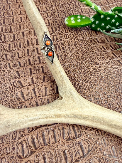Zuni Coral Two Teardrop Ring Size 4.50