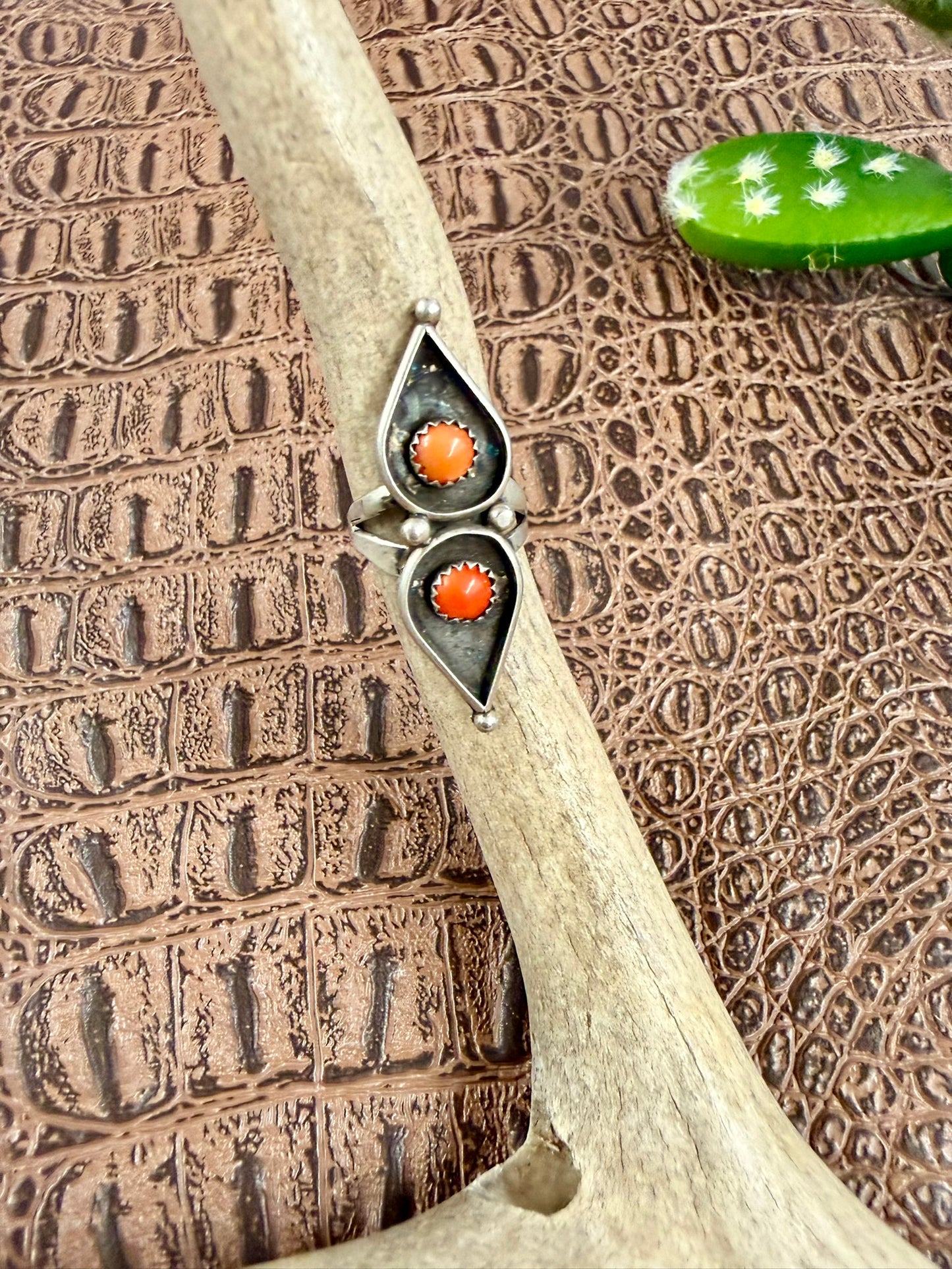 Zuni Coral Two Teardrop Ring Size 4.50