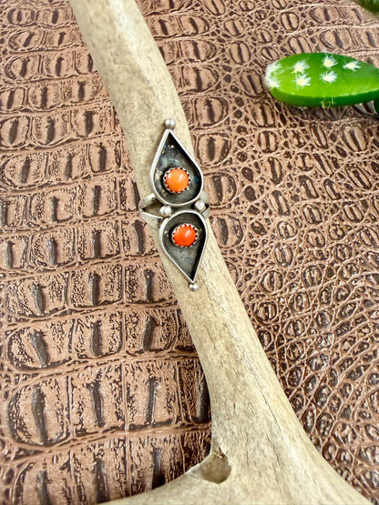 Zuni Coral Two Teardrop Ring Size 4.50