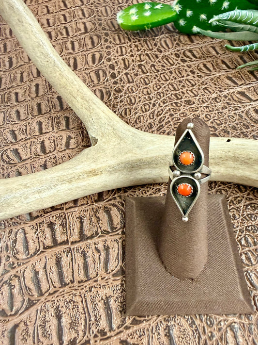 Zuni Coral Two Teardrop Ring Size 4.50