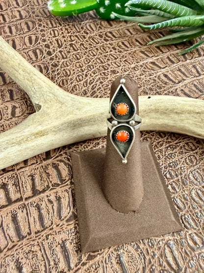 Zuni Coral Two Teardrop Ring Size 4.50