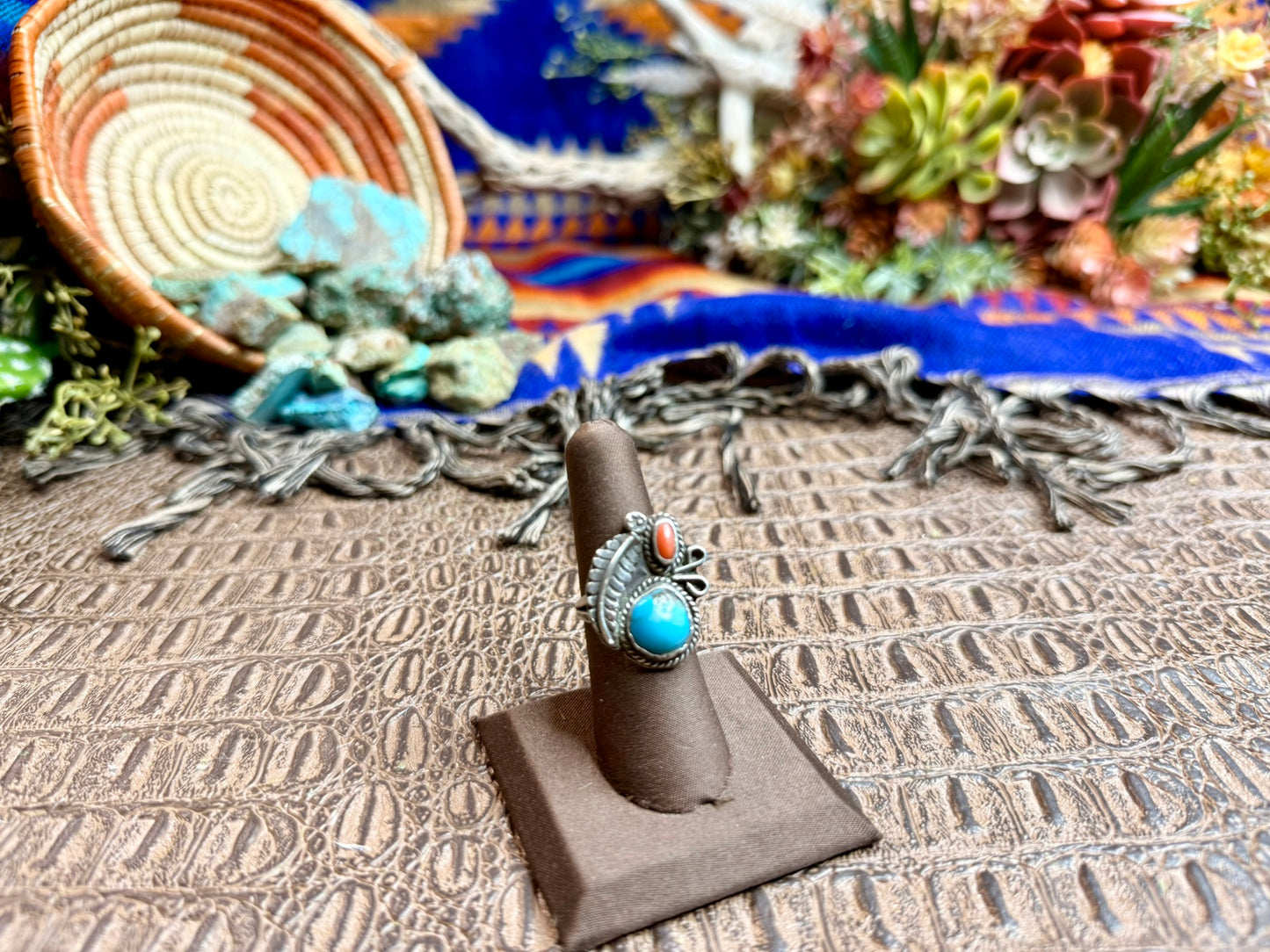 Medium Feather Coral and Turquoise Ring Size 6.75