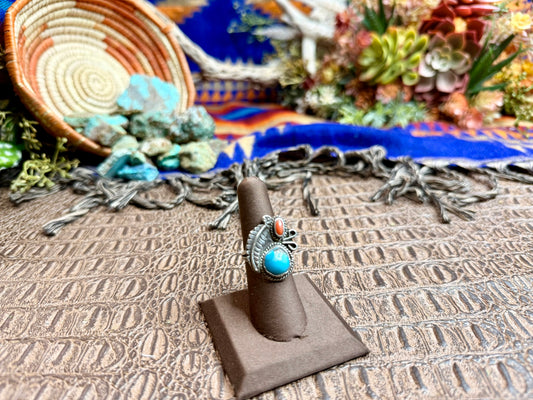 Medium Feather Coral and Turquoise Ring Size 6.75