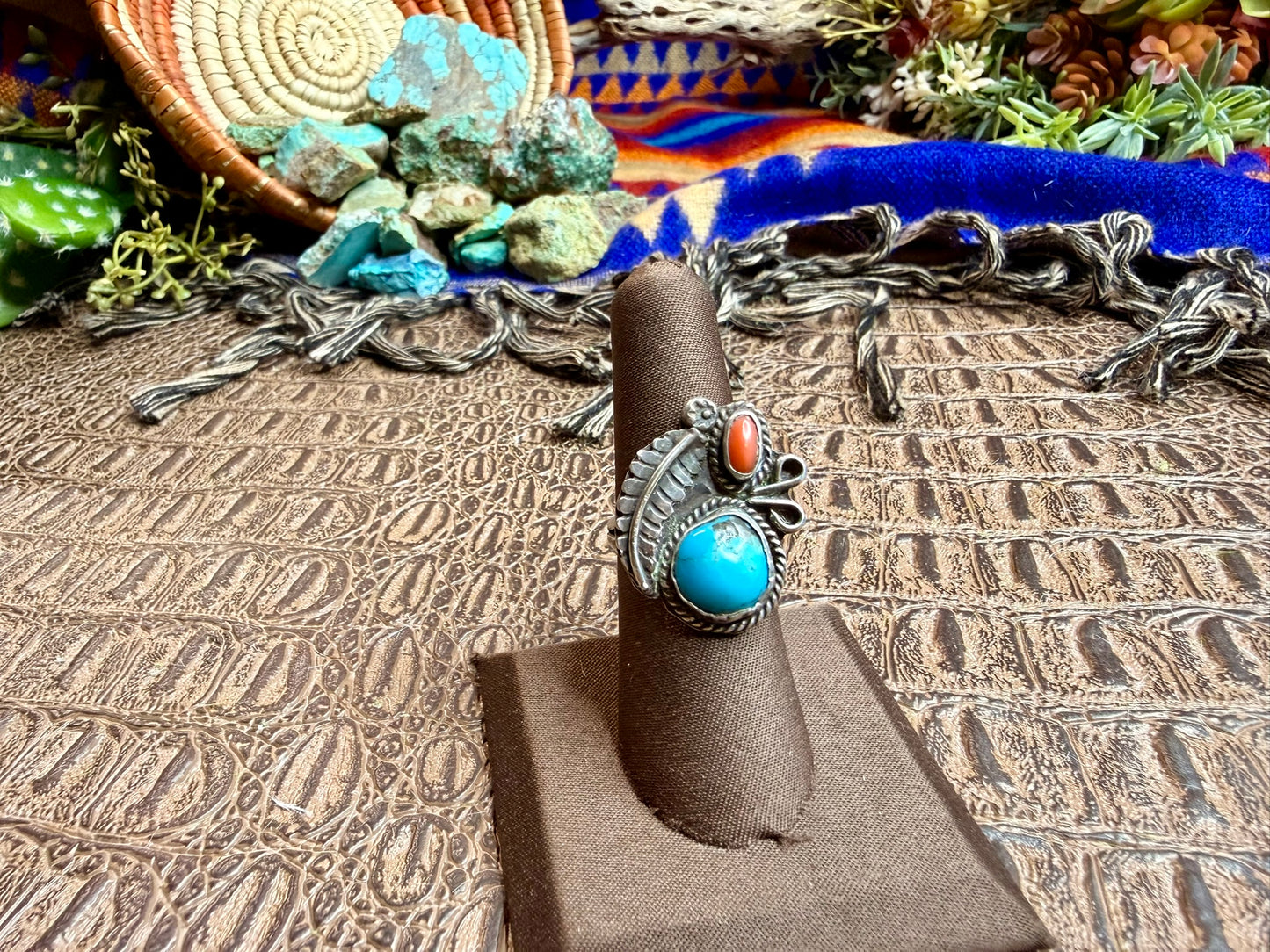 Medium Feather Coral and Turquoise Ring Size 6.75