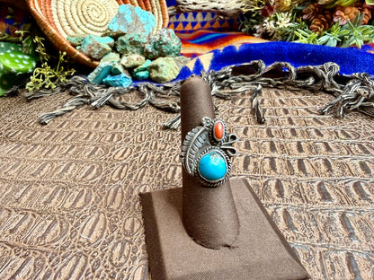 Medium Feather Coral and Turquoise Ring Size 6.75