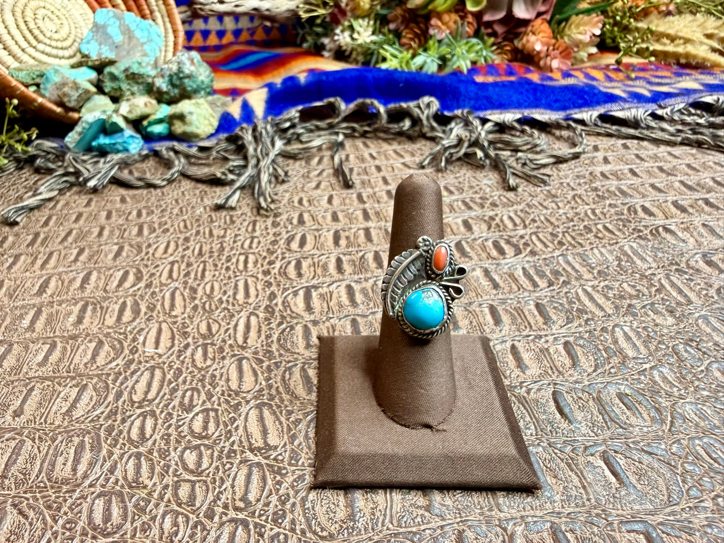 Medium Feather Coral and Turquoise Ring Size 6.75