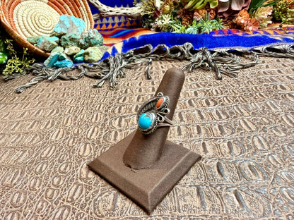 Medium Feather Coral and Turquoise Ring Size 6.75