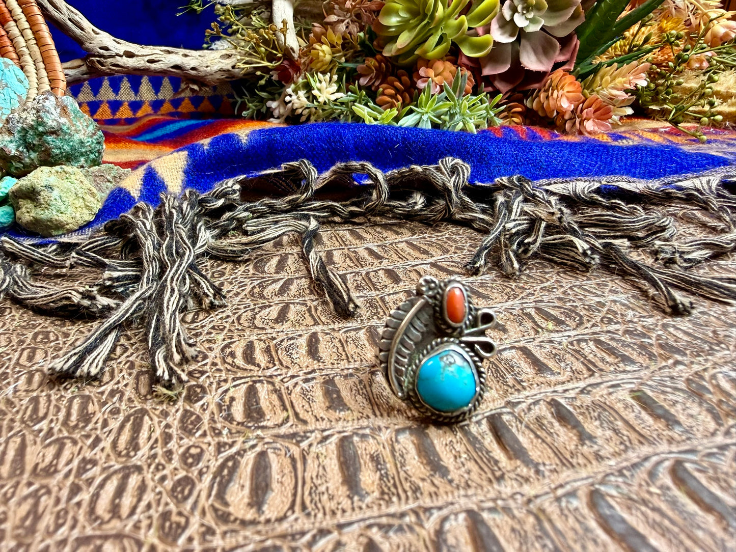Medium Feather Coral and Turquoise Ring Size 6.75